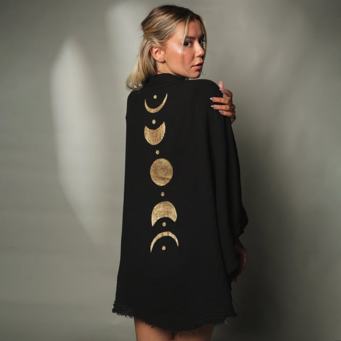 Black Muslin Kimono Robe with Golden Moon Phases / Poncho