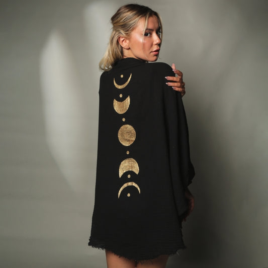 Black Muslin Kimono Robe with Golden Moon Phases / Poncho