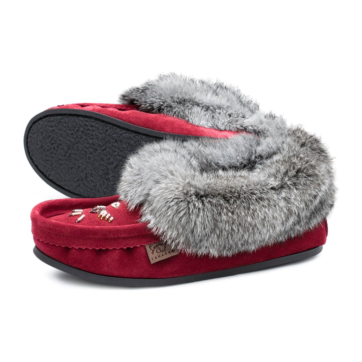 Fur Trim Ladies Moccasin with Sole - Burgandy 12600BUL