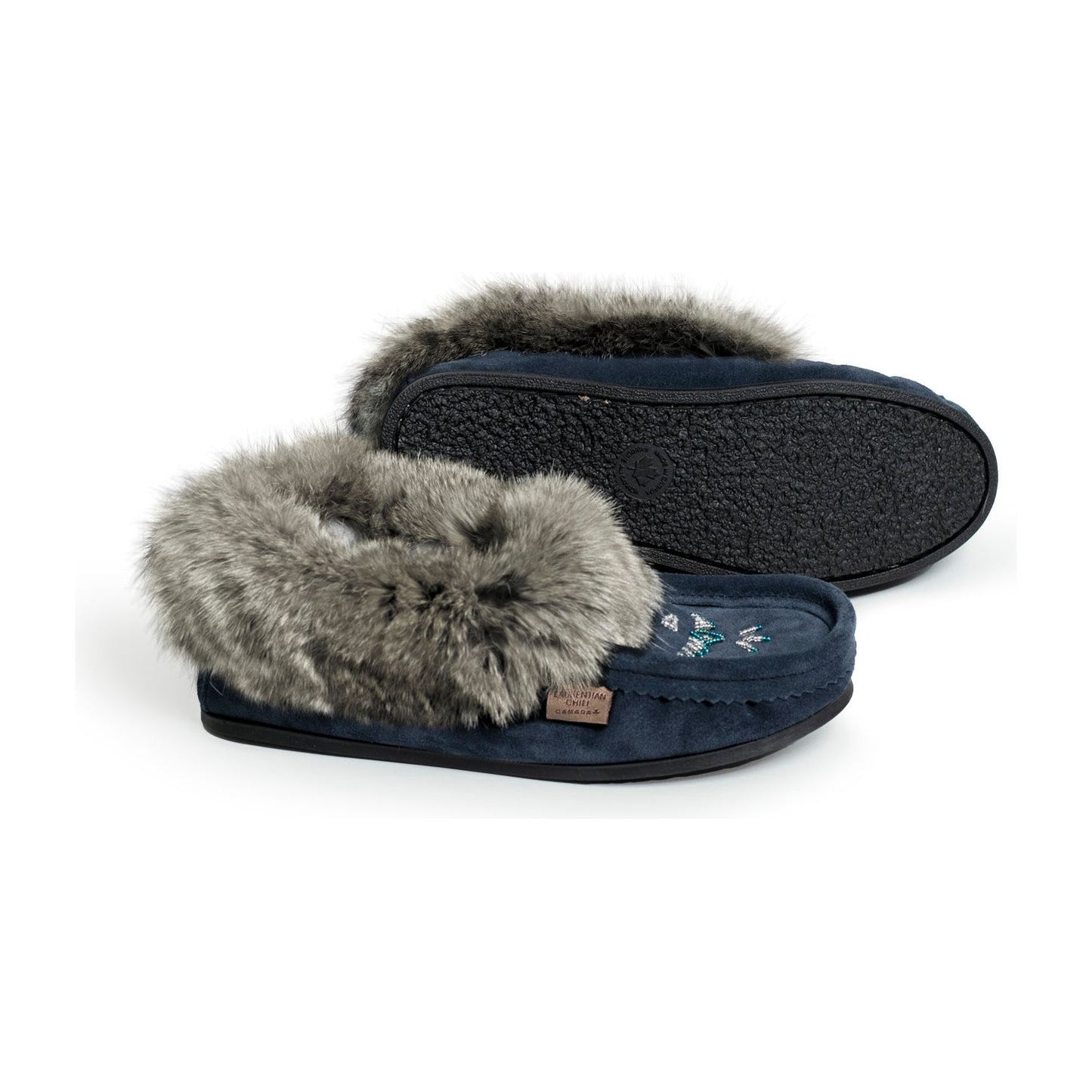 Fur Trim Ladies Moccasin with Sole - Navy 12658