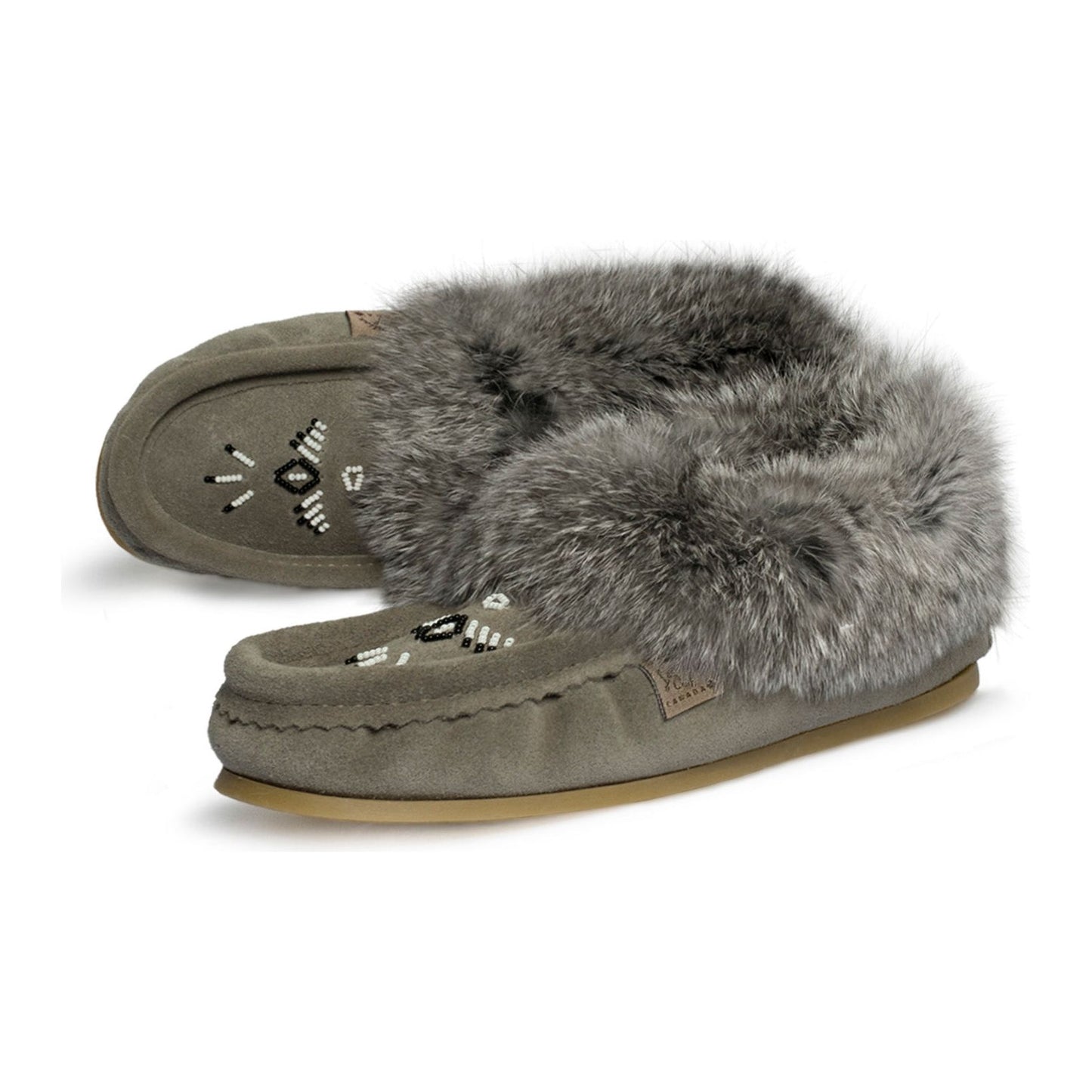 Fur Trim Ladies Moccasin with sole - Grey 13660L