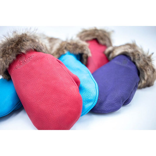 Red Deerskin Leather Mitts with Faux Fur Trim