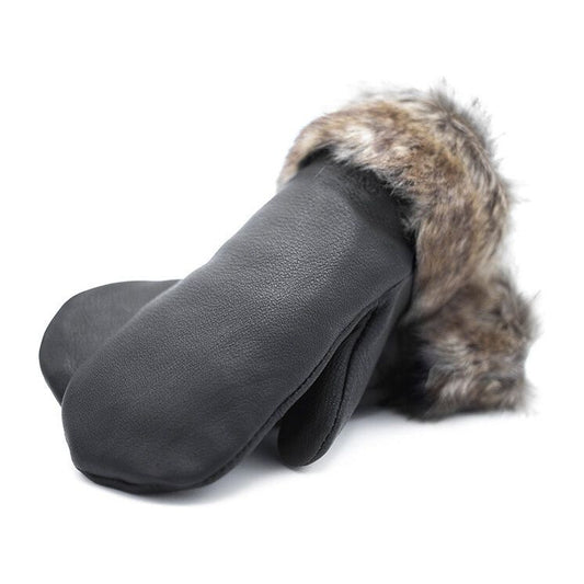 Black Deerskin Leather Mitts with Faux Fur Liners