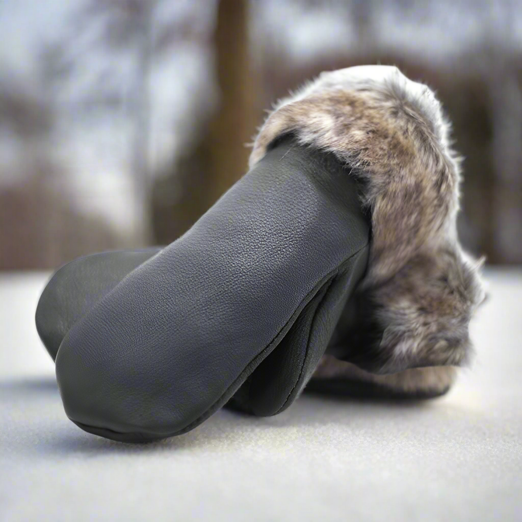 Black Deerskin Leather Mitts with Faux Fur Liners