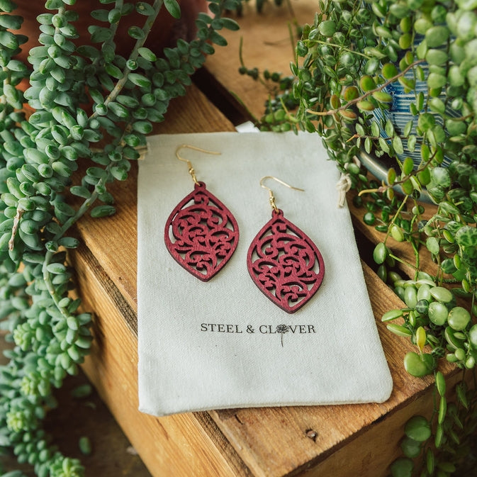 Juniper Scroll Wooden Earrings | Burgundy