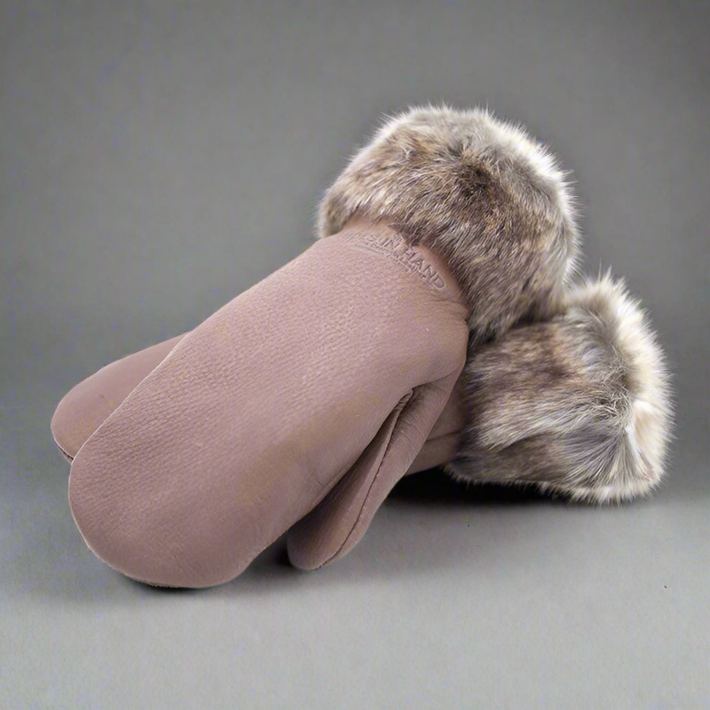 Chocolate Deerskin Leather Mitts with Faux Fur Trim