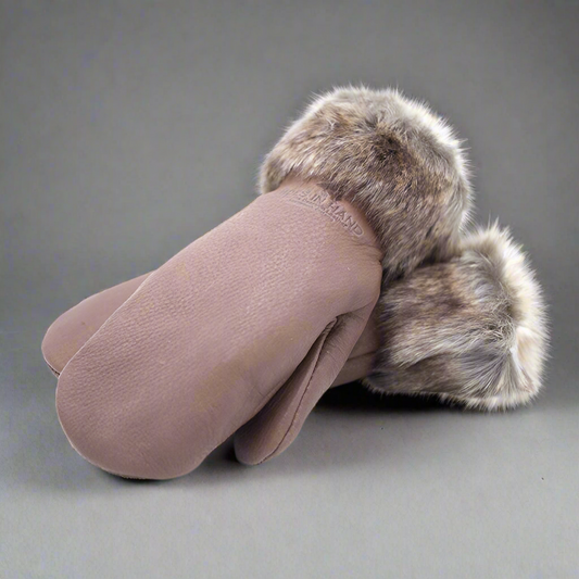 Chocolate Deerskin Leather Mitts with Faux Fur Trim