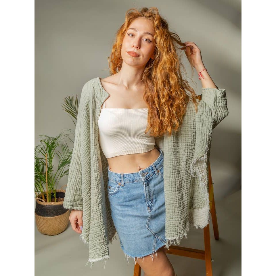 Green Muslin Kimono Robe with Golden Moon Phases / Poncho