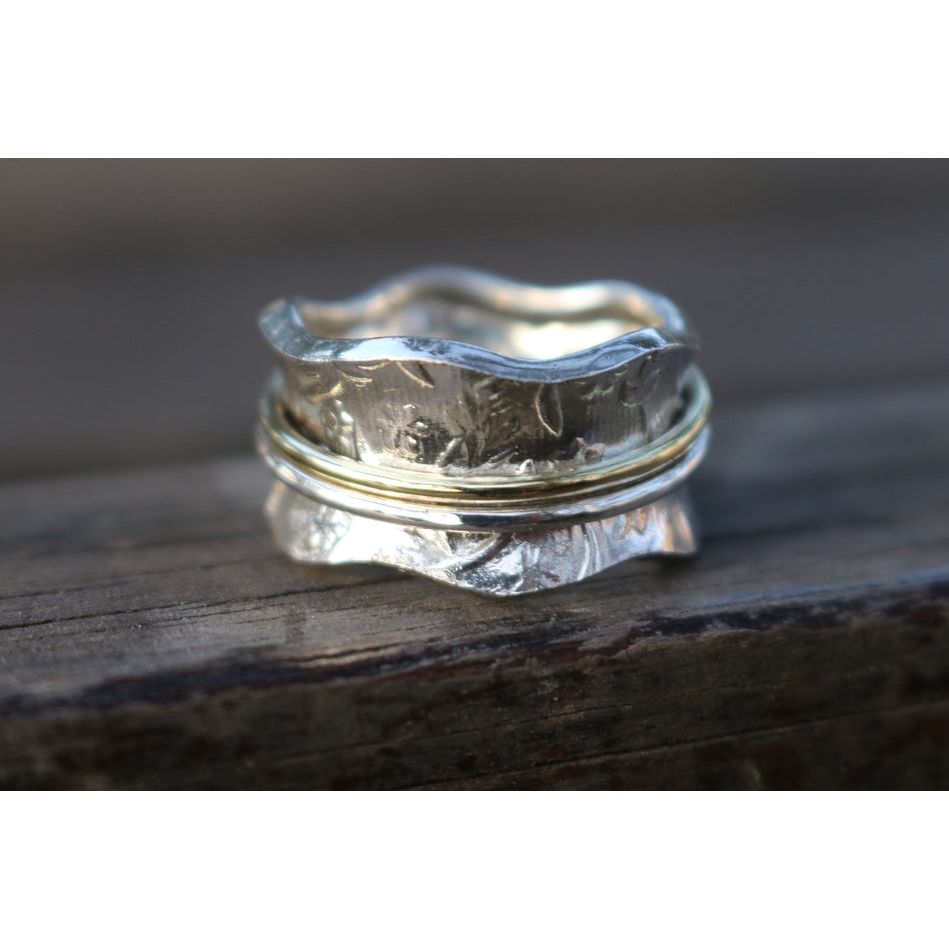 Meadow Petite Raised Flowers Sterling Silver Meditation Spinner Ring with Brass and Silver Spinners