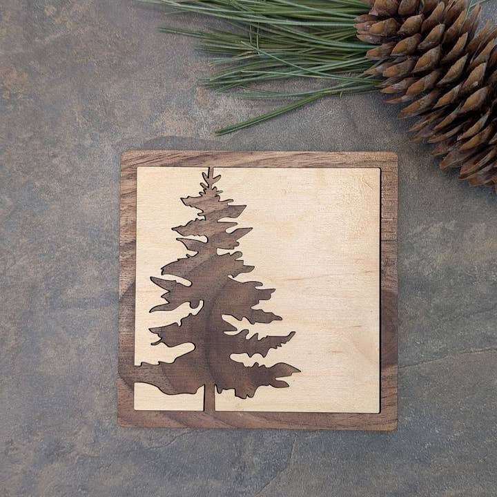 Pine Tree Inlay Wood Coaster - Made in Canada Souvenir