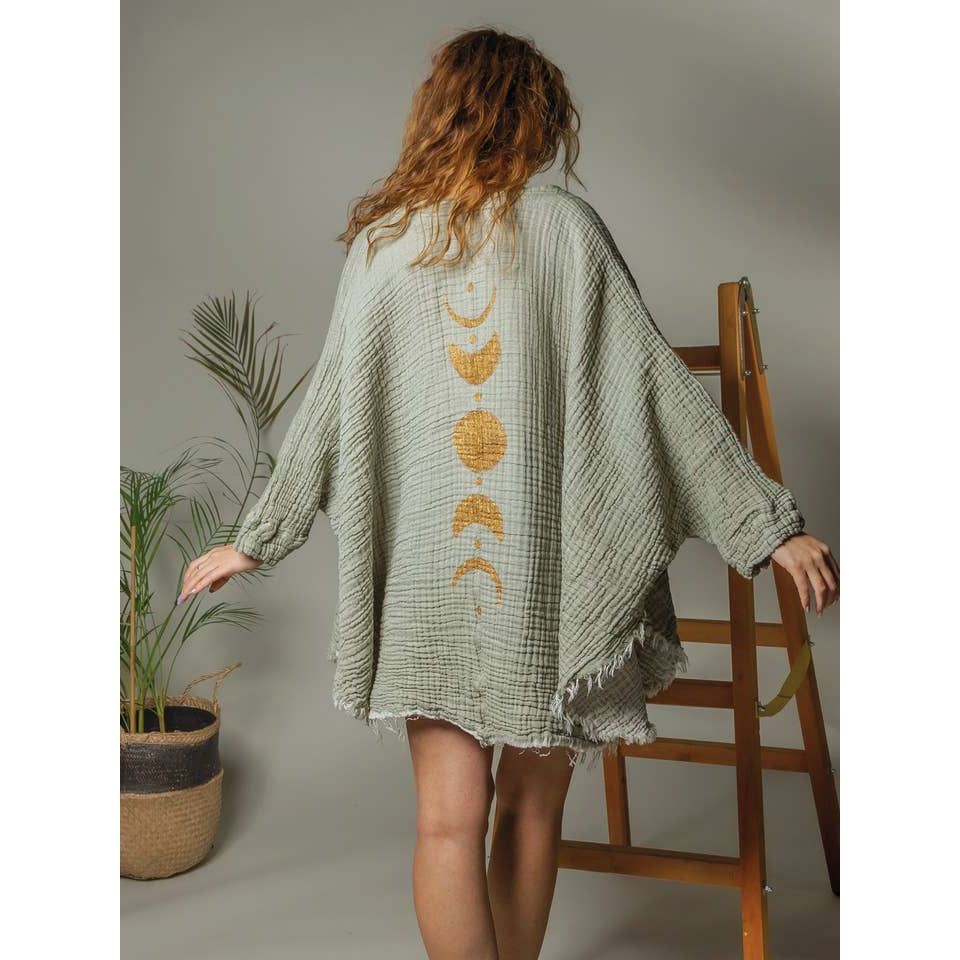 Green Muslin Kimono Robe with Golden Moon Phases / Poncho