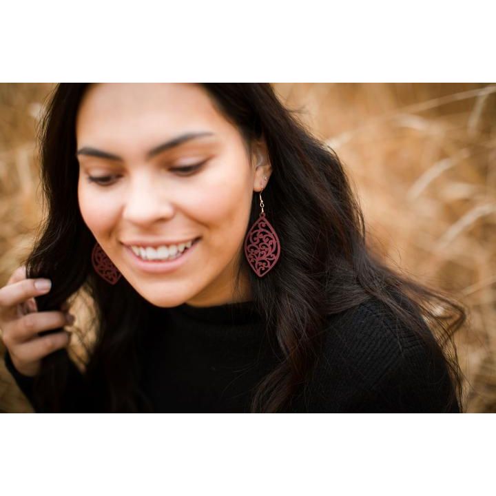 Juniper Scroll Wooden Earrings | Burgundy