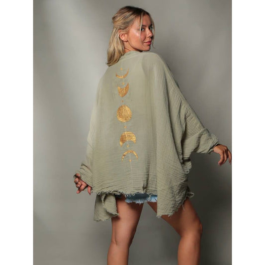 Green Muslin Kimono Robe with Golden Moon Phases / Poncho