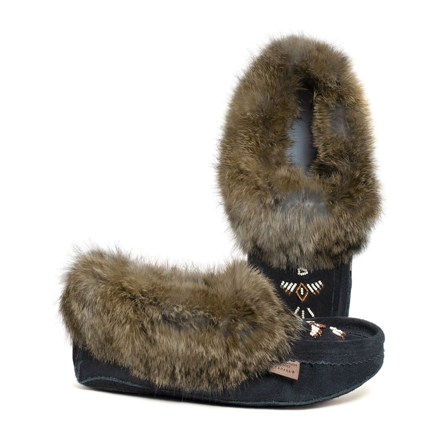 Ladies Fur Trim Slipper - Black with Chocolate trim