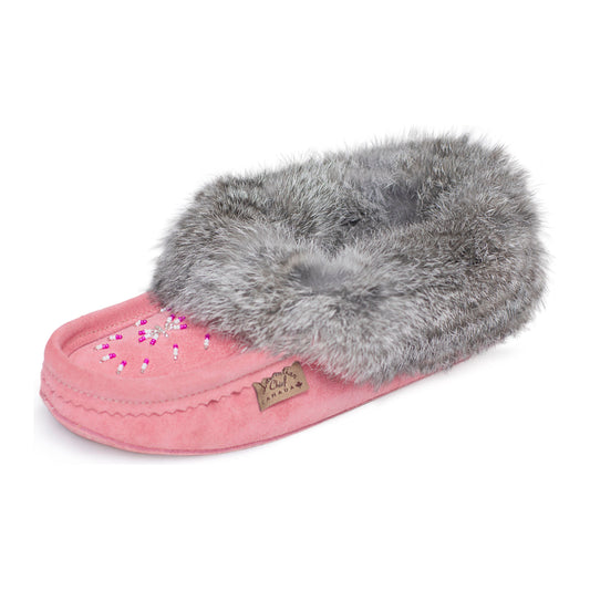 Fur Trim Ladies Moccasin - Flamingo (Pink/Grey)