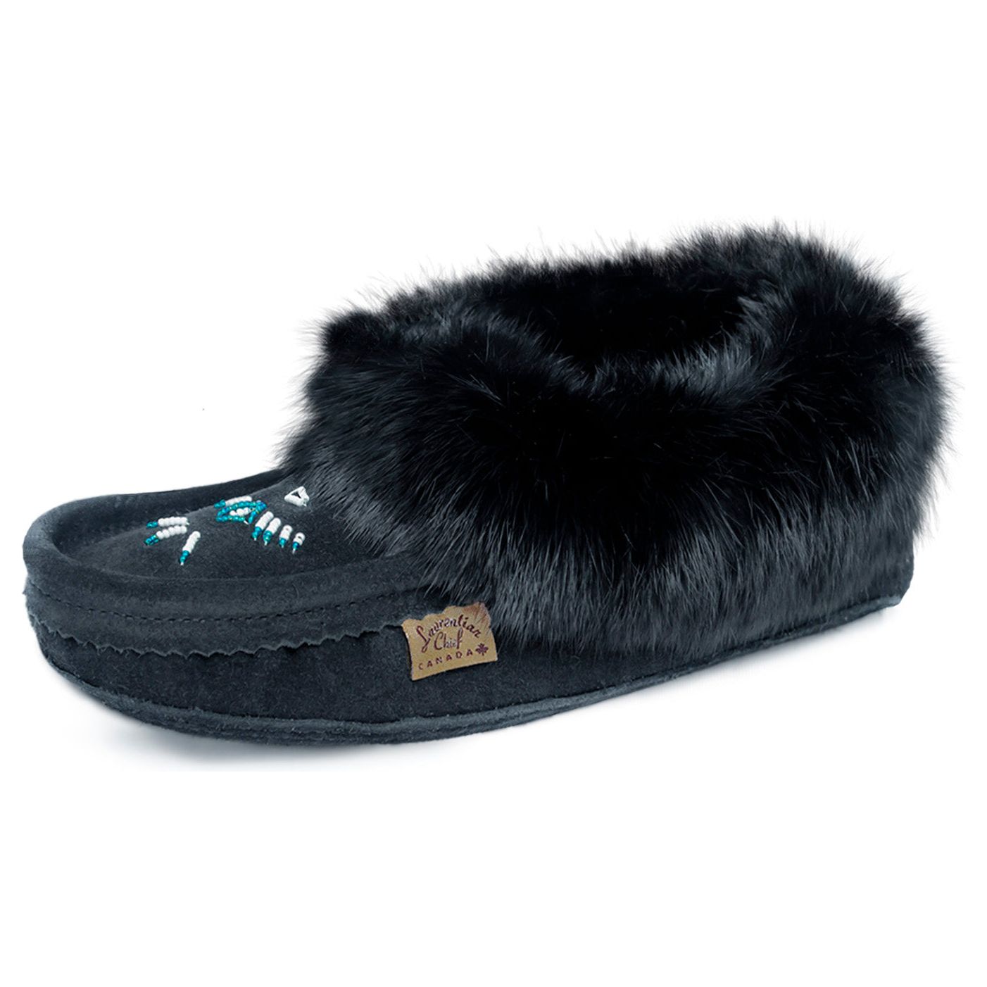 Fur Trim Ladies Moccasin - Black 653