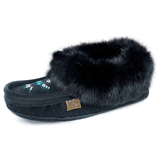 Fur Trim Ladies Moccasin - Black 653