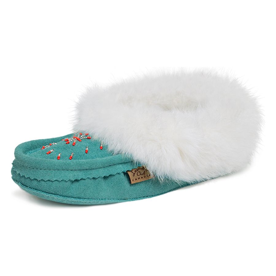 Fur Trim Ladies Moccasin - Turquoise