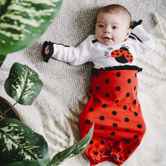 Spotted Ladybug Gown with Mitten Cuffs