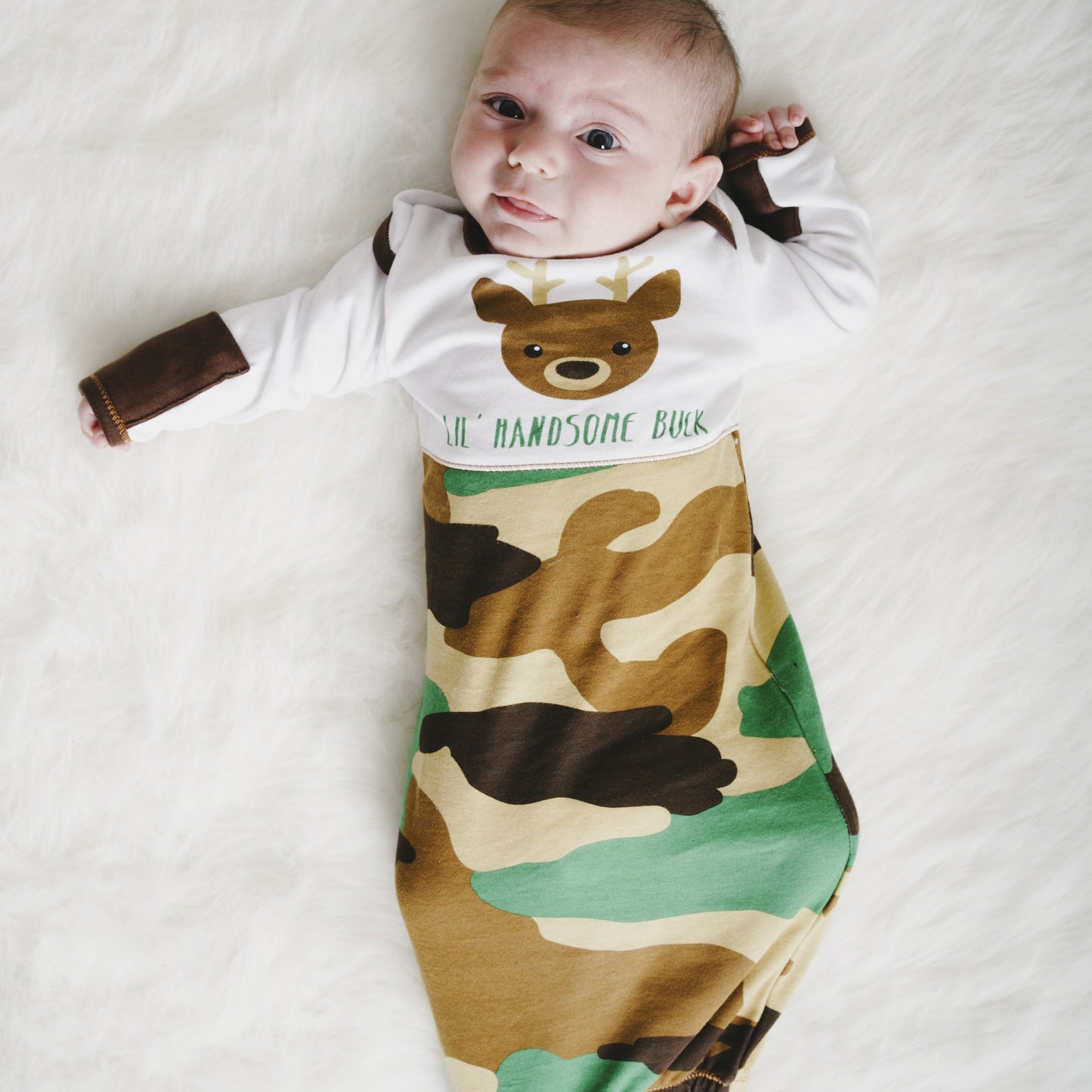 Camo Deer Gown with Mitten Cuffs - 0-3 Months