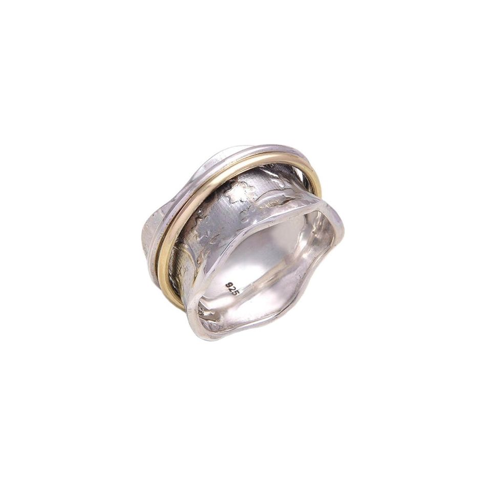 Meadow Petite Raised Flowers Sterling Silver Meditation Spinner Ring with Brass and Silver Spinners