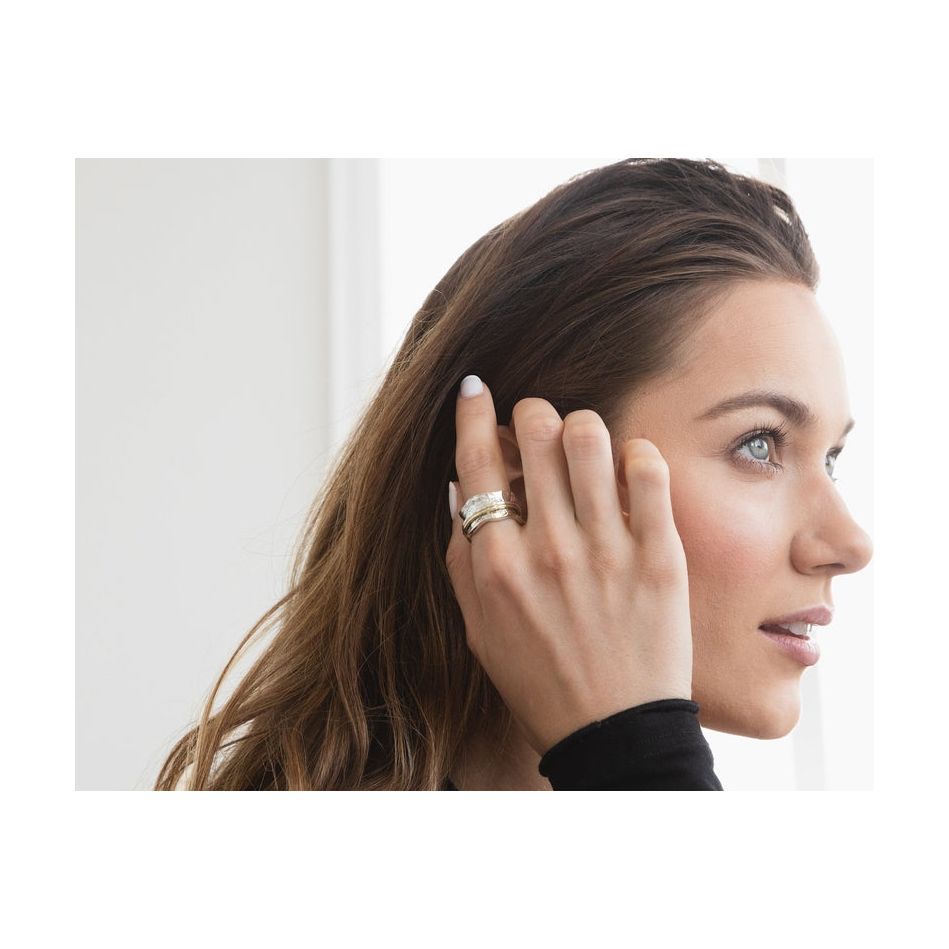 Meadow Petite Raised Flowers Sterling Silver Meditation Spinner Ring with Brass and Silver Spinners