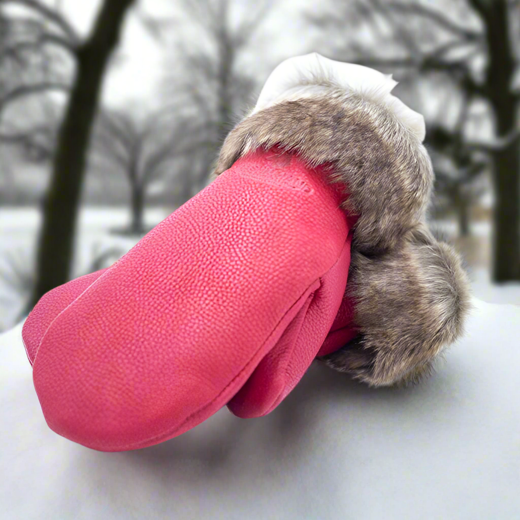 Red Deerskin Leather Mitts with Faux Fur Trim