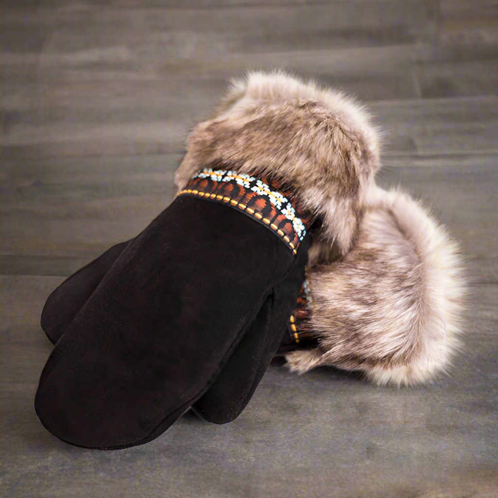 Black Fur & Braid Deer Suede Mitts 230BDSFUR