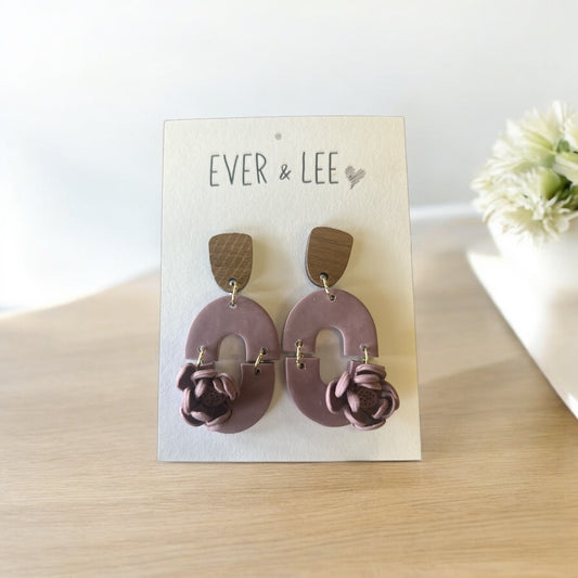 Clay earrings- hinged wood/clay flower detail