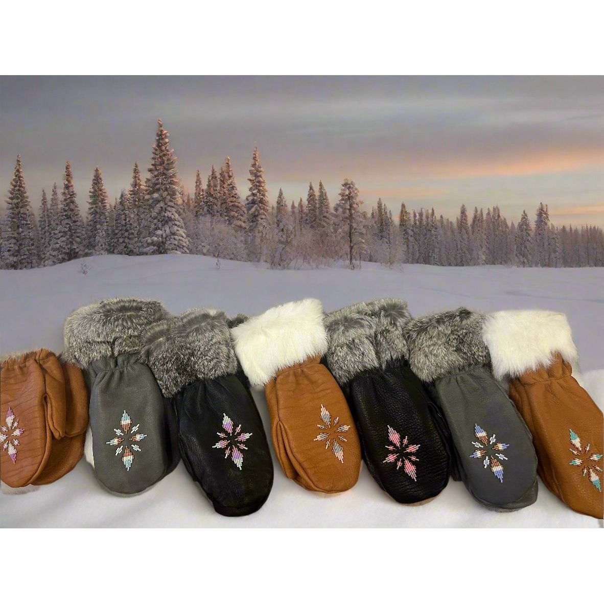 Hand Made Beaded with Fur Trim Mittens