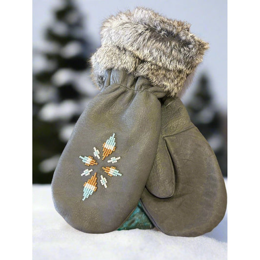 Hand Made Beaded with Fur Trim Mittens