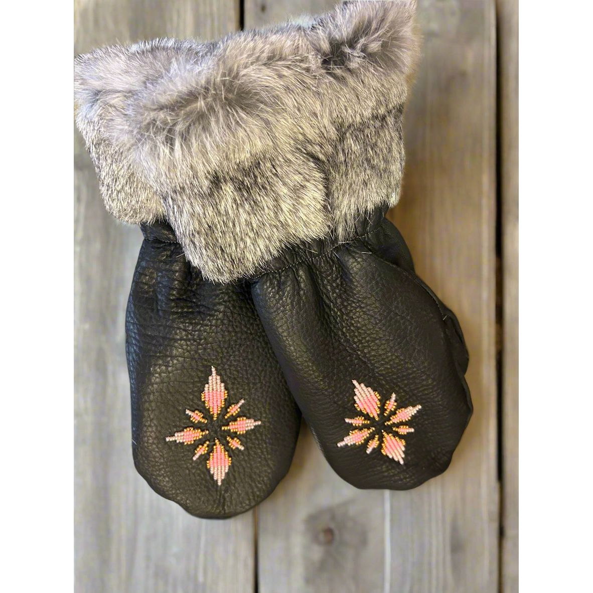 Hand Made Beaded with Fur Trim Mittens