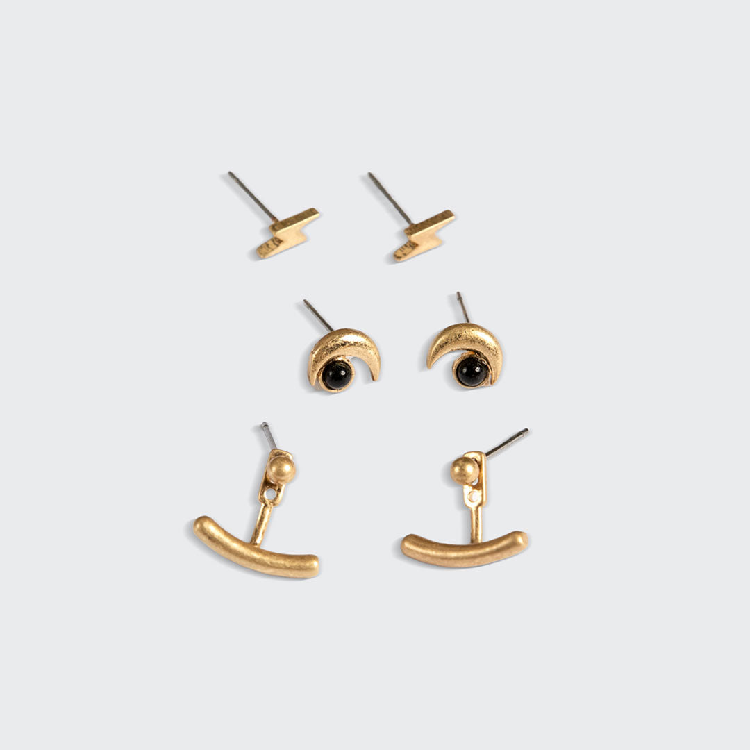 Stud Trio Ear Jacket Set - Moon/Black Spinel/Gold  JQ004