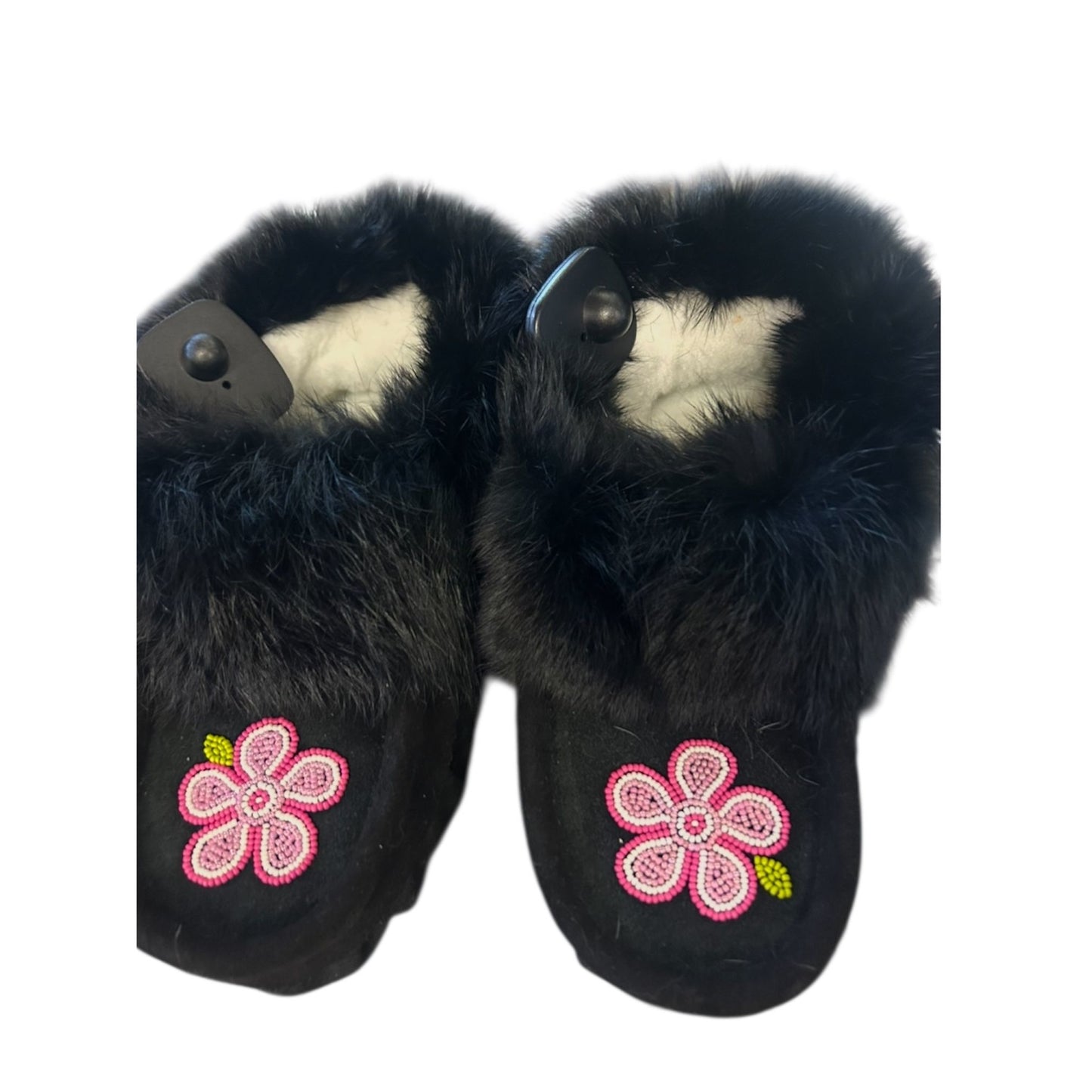 Moccasins by Jessica - Pink Flower on Black with Black fur trim Size 8