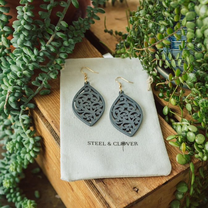 Juniper Scroll Wooden Earrings | Grey