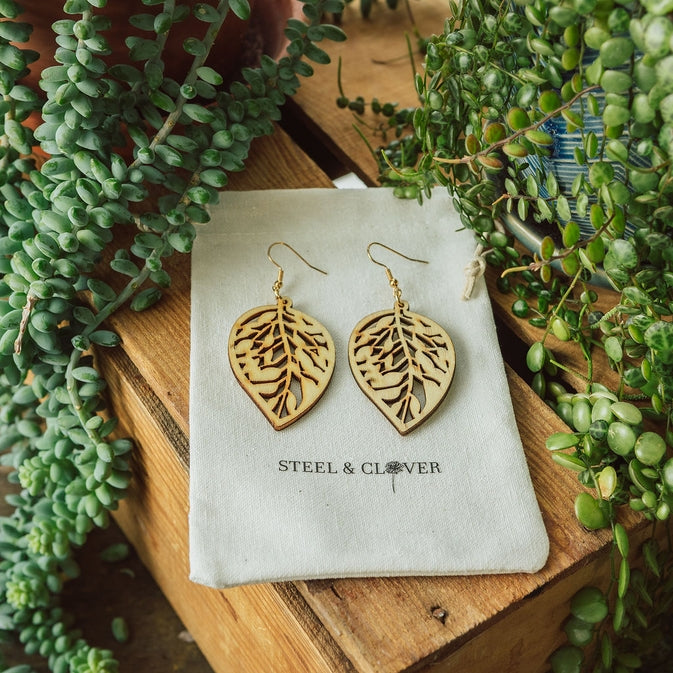 Aspen Wooden Leaf Earrings | Birch