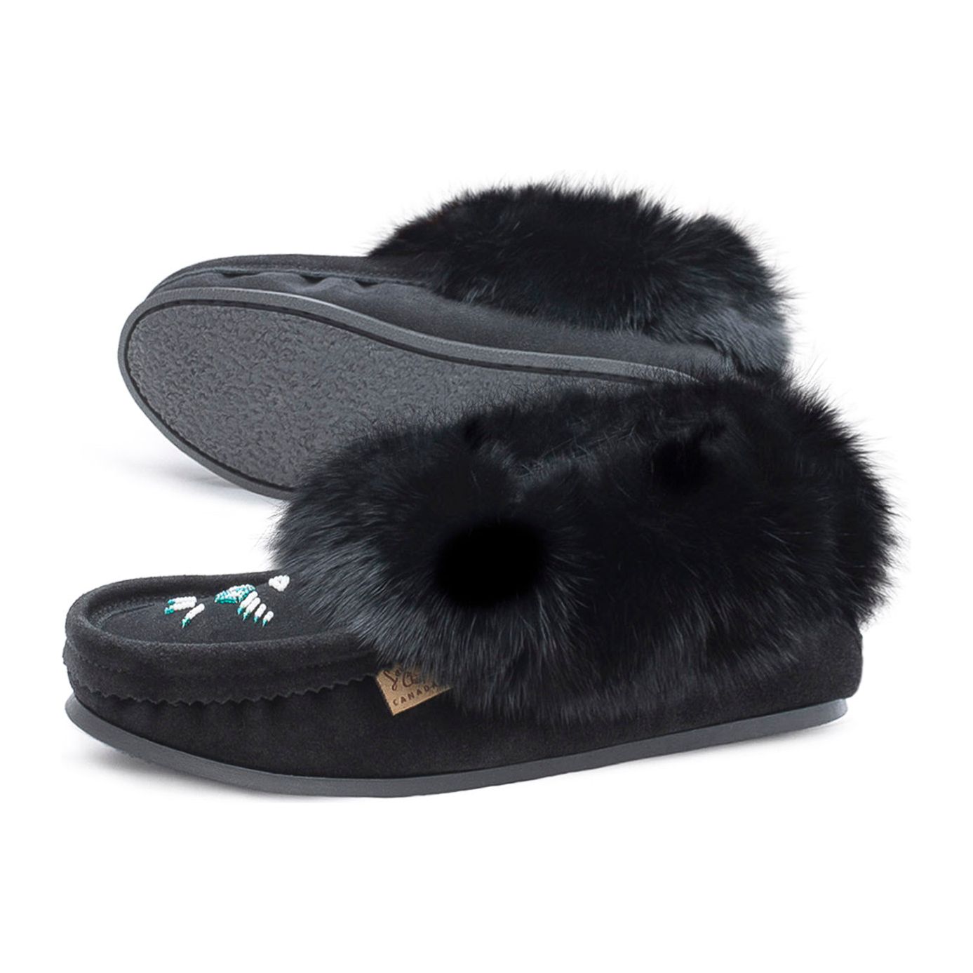 Fur Trim Ladies Moccasin with Sole - Black