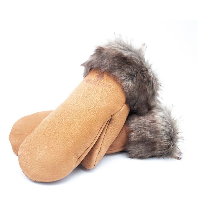 Saddle Tan Deerskin Leather Mitts with Faux Fur Liner