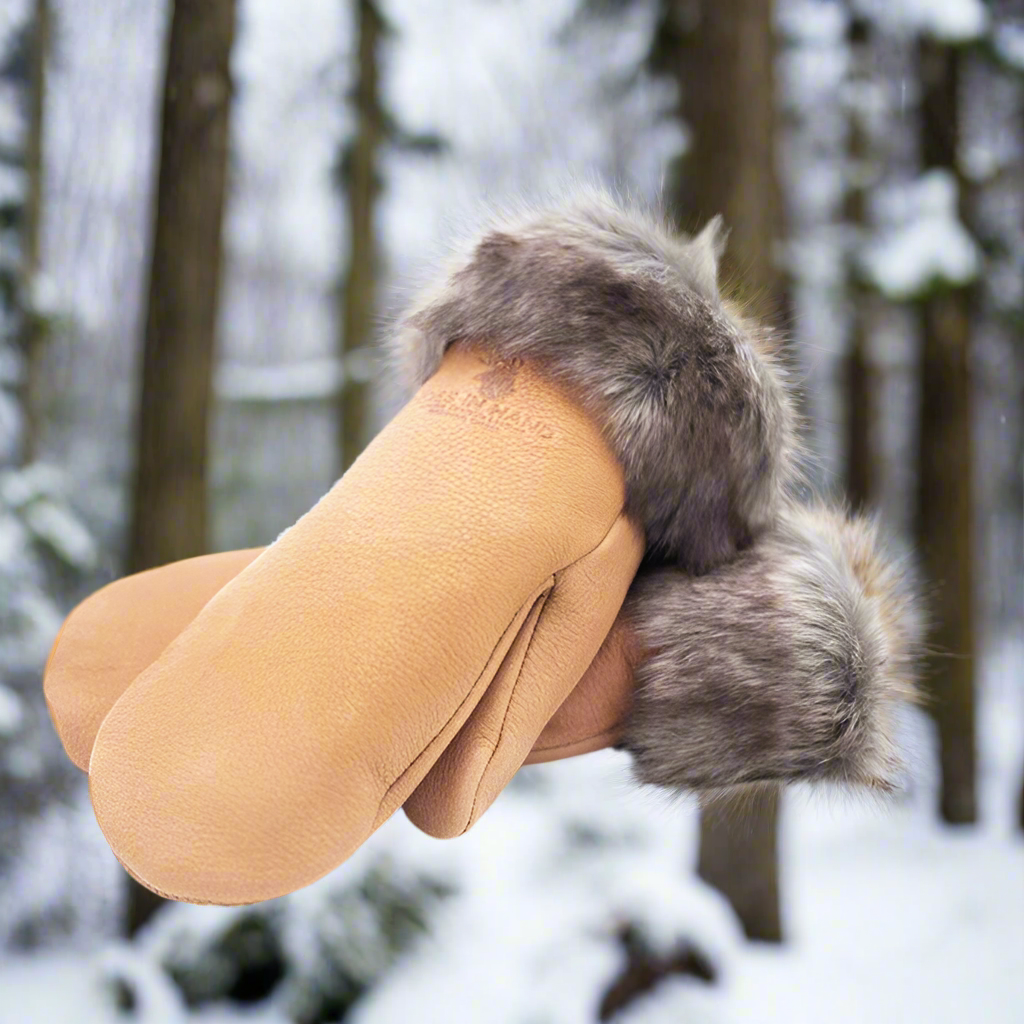 Saddle Tan Deerskin Leather Mitts with Faux Fur Liner