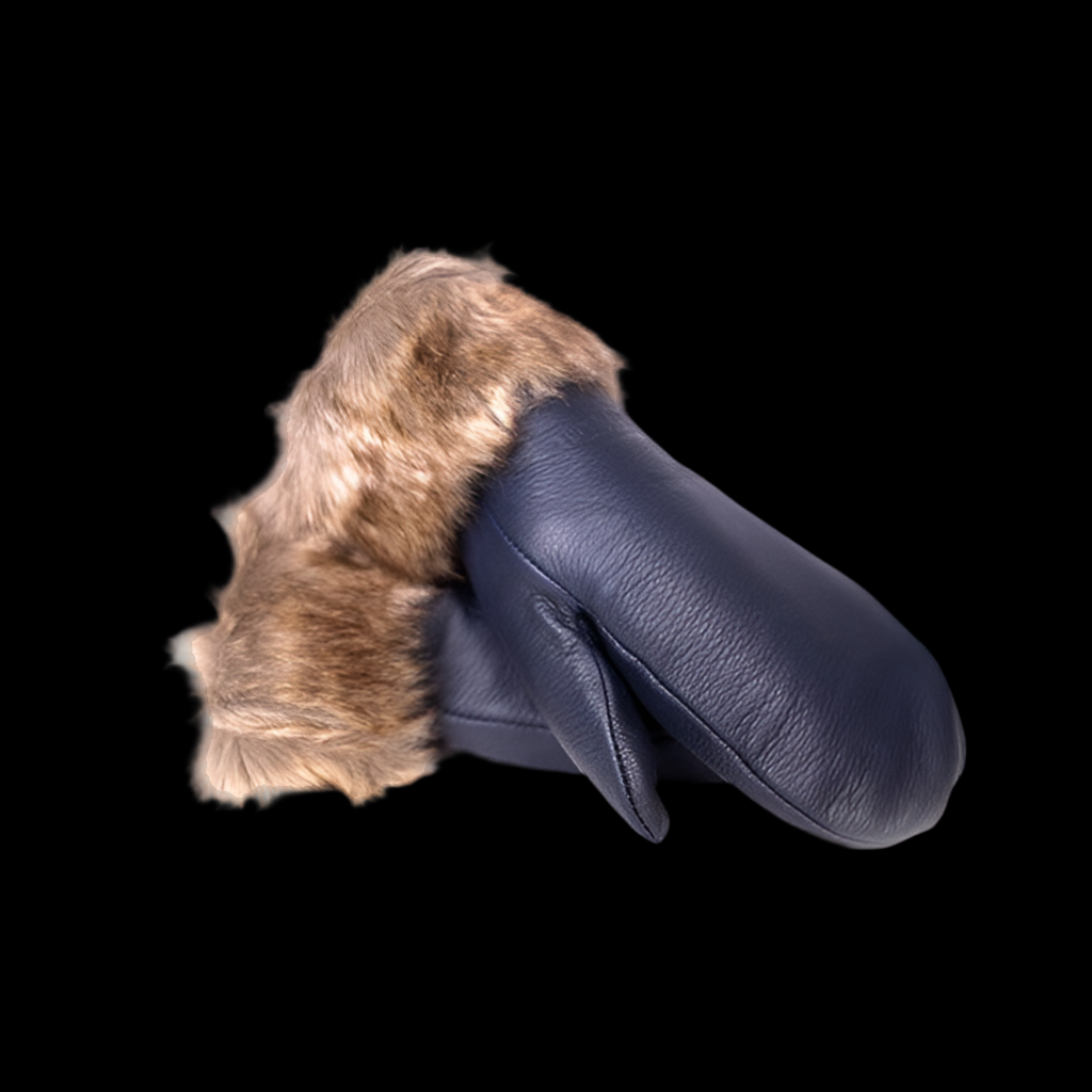 Navy Blue Deerskin Leather Mitts with Faux Fur Trim