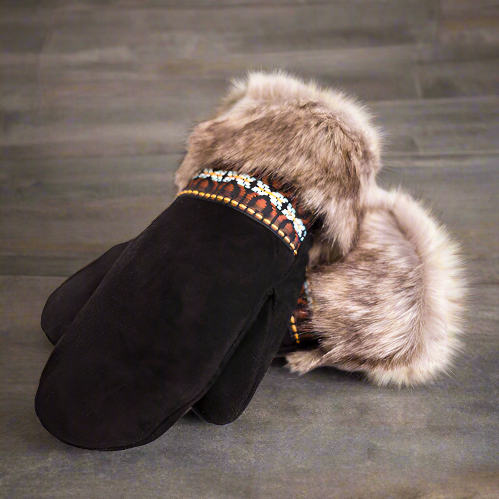 Black Fur & Braid Deer Suede Mitts