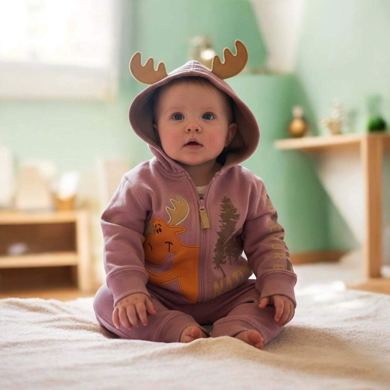 Kids Full Zip Moose Design Hooded Sweatshirt - K1143
