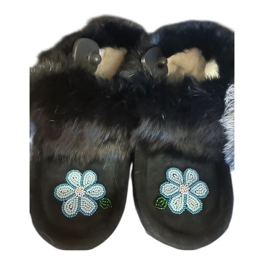 Moccasins by Jessica - Blue Flower on Black with Black fur trim Size 8