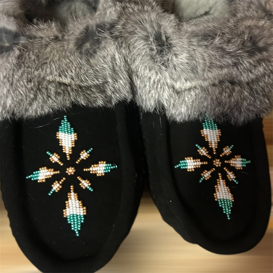 Moccasins by Jessica – Black with Black Rabbit Fur & Turquoise/White Beading