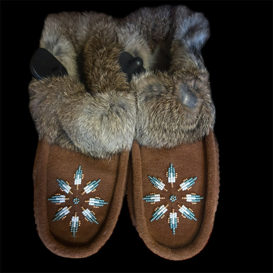 Moccasins by Jessica - Brown Suede with Turqouse and white Beading SIZE 7