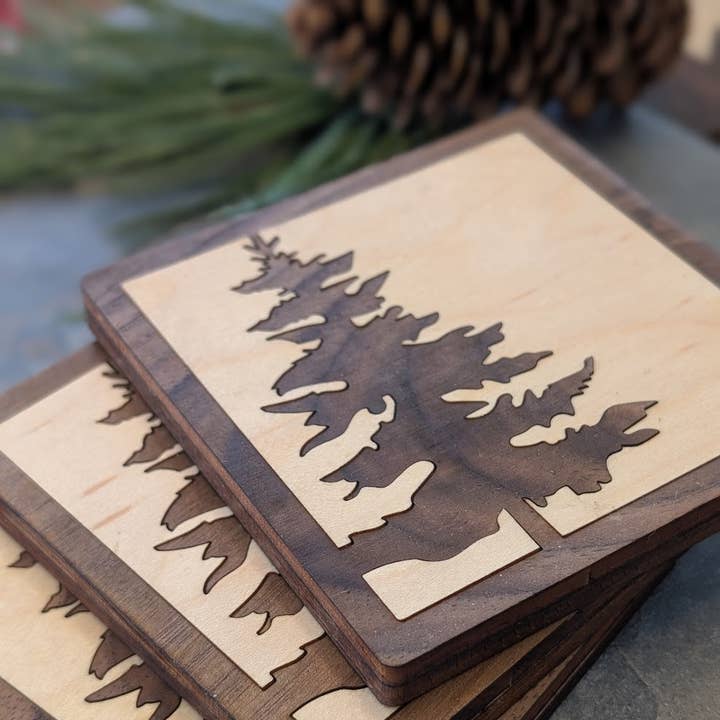 Pine Tree Inlay Wood Coaster - Made in Canada Souvenir